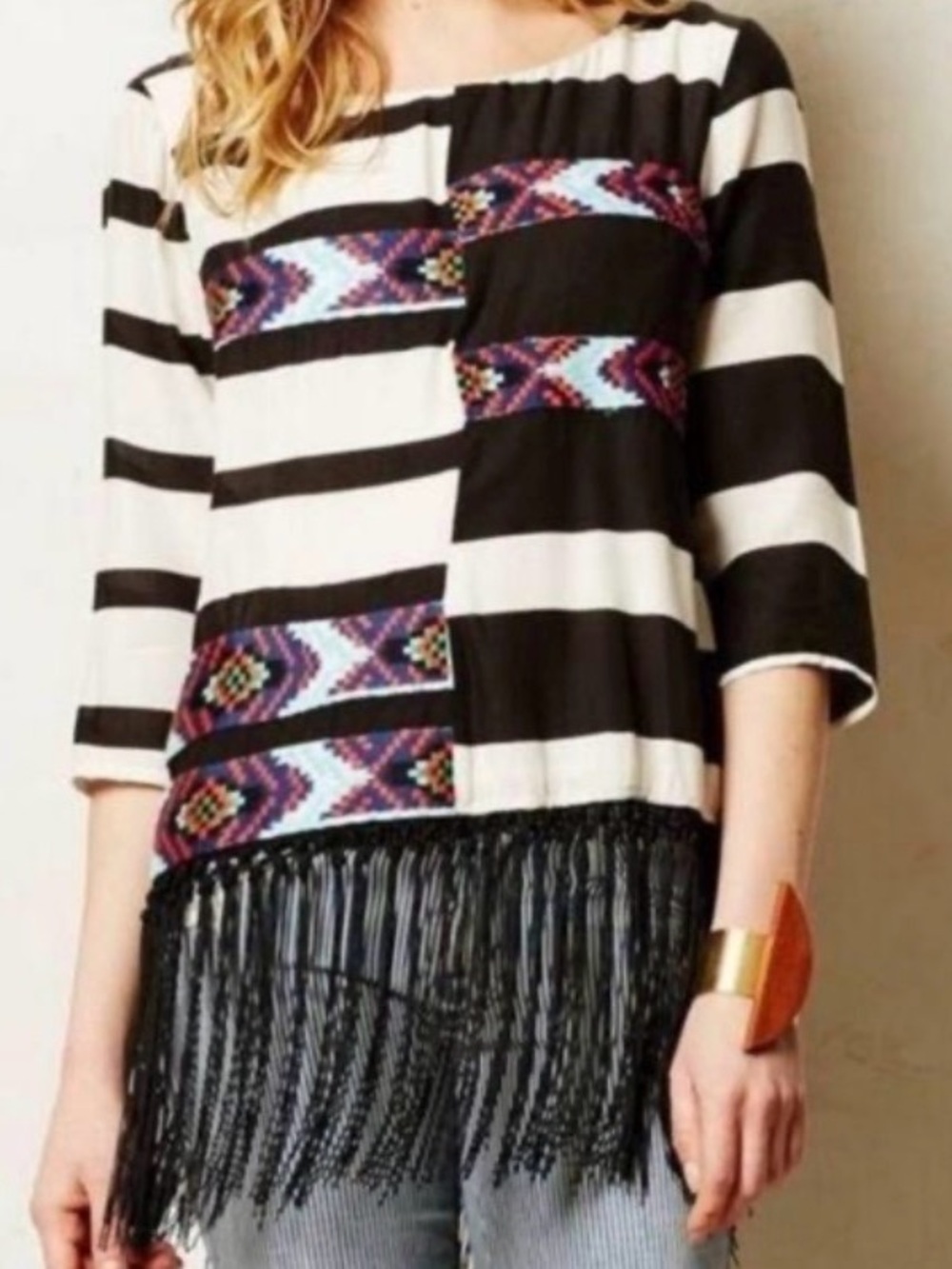 Floreat Anthropologie Latitudes Top Womens L Fringe Boho Southwestern Hippie